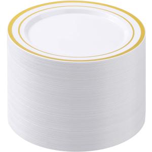 BESTSTAR 100PCS White Plastic Plates for Party, 10.25 Inch Disposable Plates with Gold Rim, Heavy Duty Dinner Plates for Christmas, Party, Wedding and Birthday