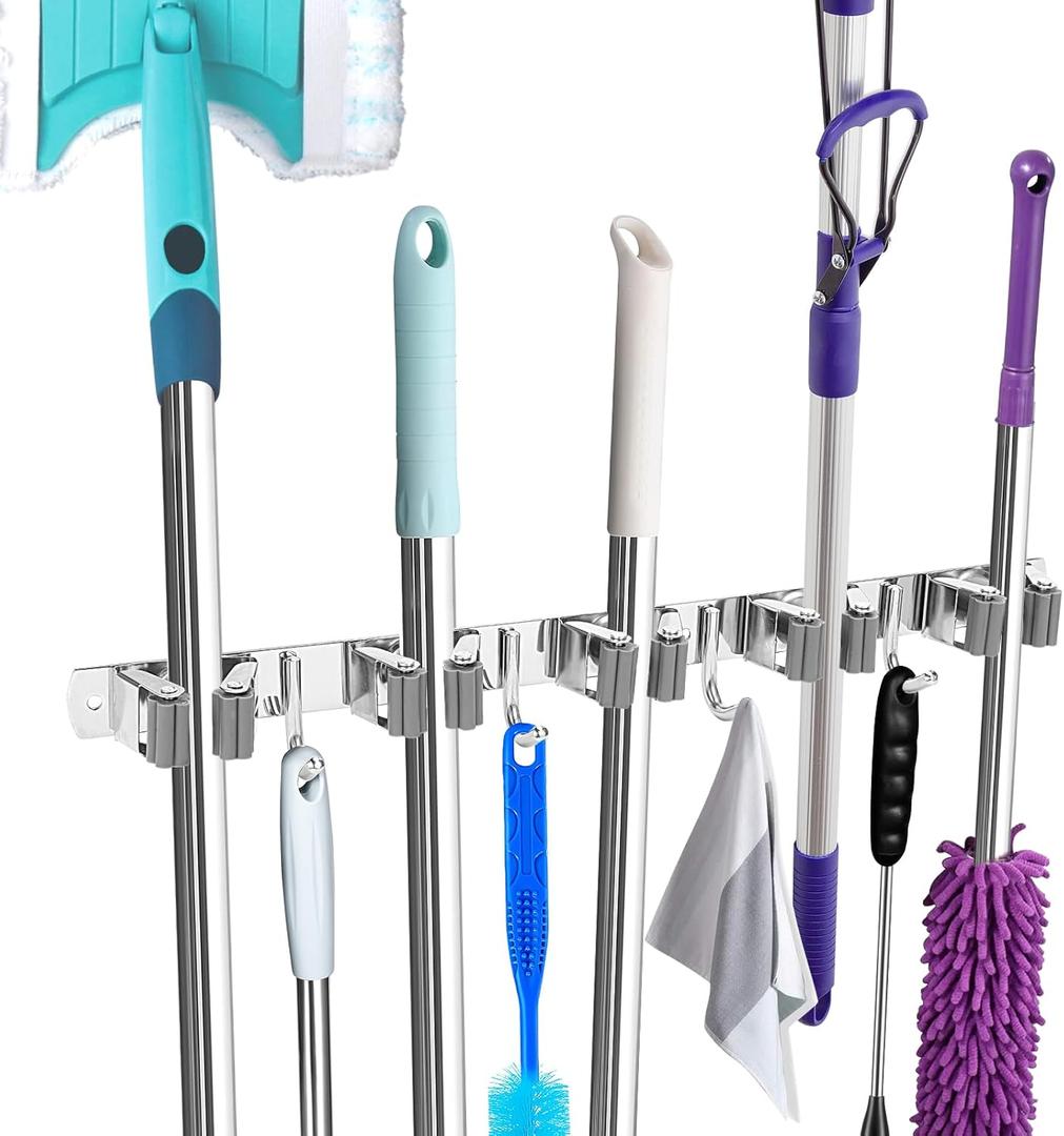 Broom Holder Wall Mount, Broom Organizer Wall Mount Stainless Steel Broom and Mop Hanger Heavy Duty Storage Organization for Home Kitchen Garden Garage Room 5 Racks 4 Hooks(Grey Rack)