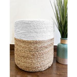 S & L Homes Pouf Ottoman - 100% Jute Braided Footrest Pouf Hand Knitted Traditional Cord Boho Pouffe for Living Room, Bedroom, Nursery, Patio, Lounge Colorblock - Natural Ivory (16x16x16)