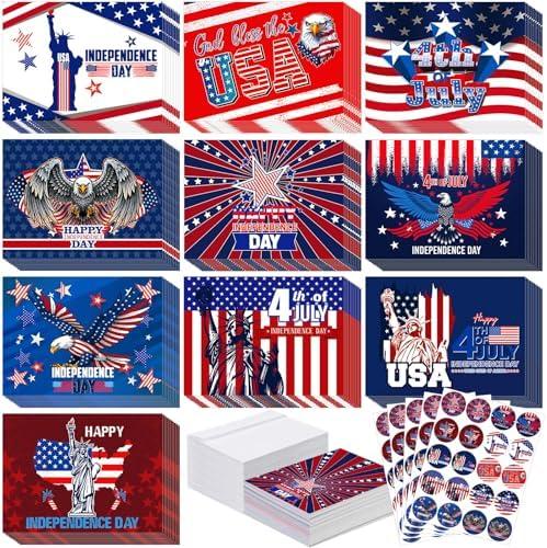 Yeaqee 100 Pack 4th of July Patriotic Greeting Cards with with Envelopes and Stickers American Flag Thank You Cards 250th Anniversary Red White and Blue Card for Independence Day Memorial Day