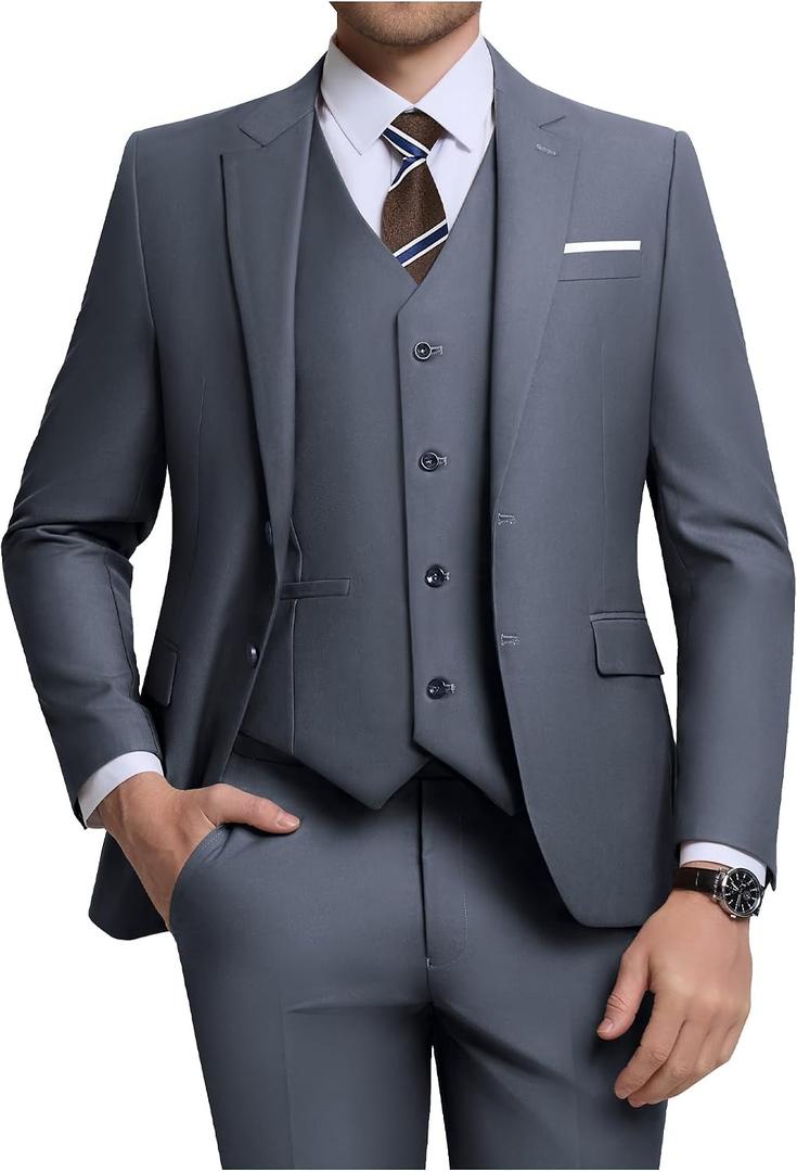 Men Suits Slim Fit 3 Piece Suit Set Dark Grey Dress Outfits for Men Groomsmen Prom Wedding Tuxedos Set Blazer Jacket Vest Pants M