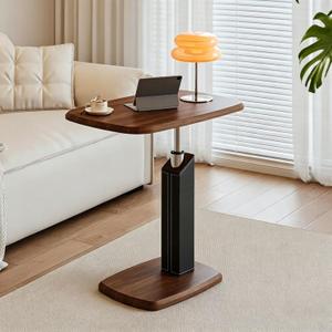 C Shaped End Table for Couch: 23-31.3 INCH Adjustable Height TV Tray Table for Eating, 360° Swivel Pneumatic Lift Small Rolling Side Table for Living Room, Office, Bedroom(Walnut)