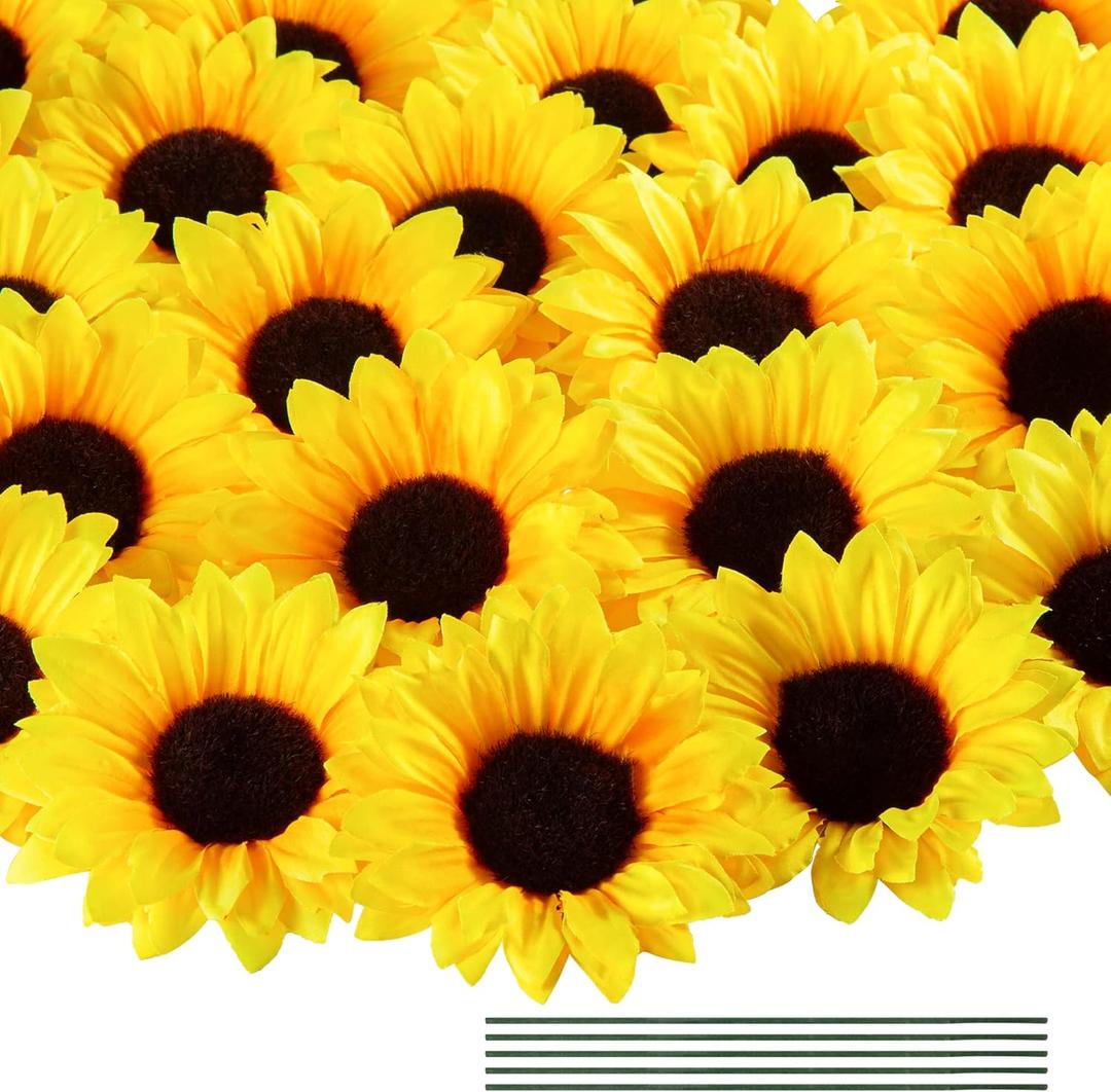Coferset 40pcs Fake Sunflower Heads with Stems, 4" Sunflower Artificial Silk Flower Heads for Party Baby Shower Wedding Making Handicrafts Home Decor(Yellow)