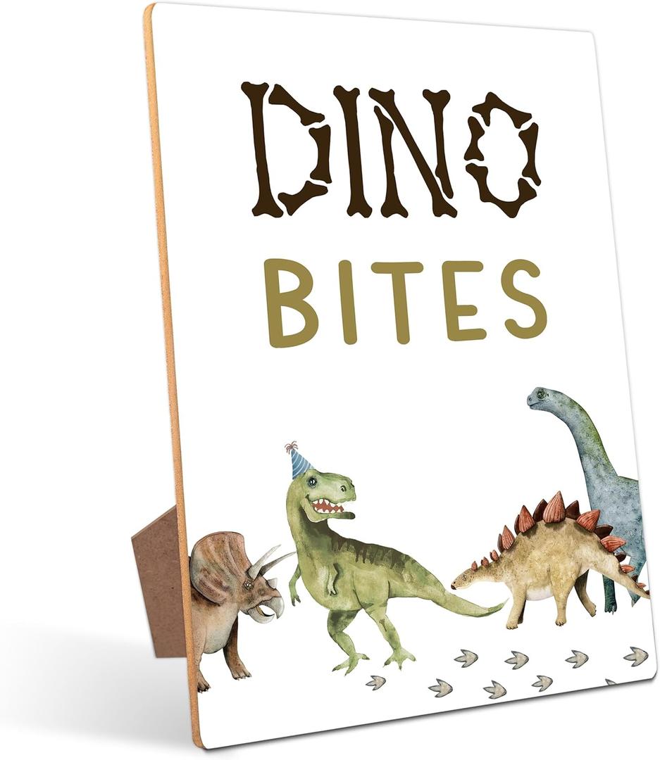 Dino Bites Table Sign - Dinosaur Party Decor, Perfect for Birthday Party, Birthday Decorations, 811 Wooden Party Sign with Stand