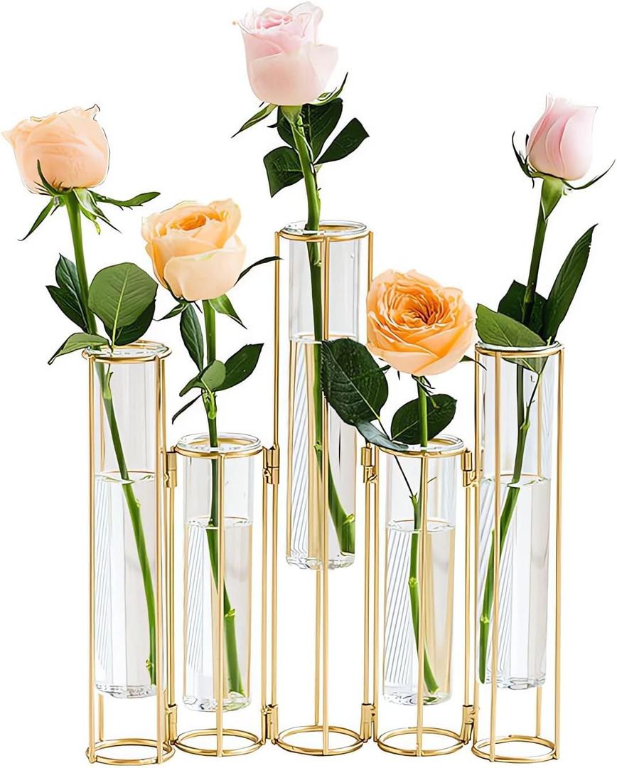 Gold Vases for Centerpieces, Test Tube Flower Vase with 5 Test Tubes, Gold Flower Vase with Metal Stand Racks Hydroponic, Glass Hinged Propagation Plant Vase for Wedding Table Home Decor