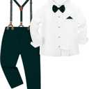 DISAUR Boys Wedding Outfit Christmas Clothes Suit Gentleman Wedding Set Formal Bowtie+Suspender Pants Fall Green White, 7-8 Years