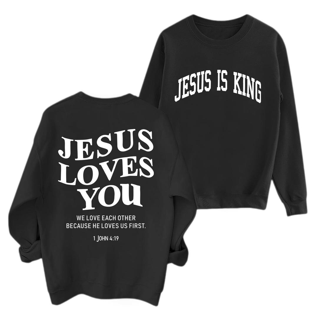 Fleece Christian Sweatshirts Women Jesus Loves You Jesus Is King Hoodie Religious Faith God Shirts Oversized Tops S
