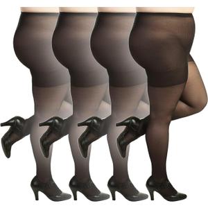 Silky Toes Plus Size Pantyhose for Women Soft Sheer Queen Tights (Black - 4 Pairs)