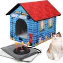Heated Outdoor Cat House Double Door Heater Cats Shelter,Weatherproof Foldable Heat Kitty House with Insulated Kitten Heating Pad Bed for Feral Barn Cat Kitten Puppy Outside Pets in Winter (13.3"W*16.9"D*16.5"H, Colorful)