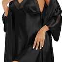 Women's Silk Pajama Sets Satin Robe with Nightgown 2 Piece Sleepwear Sexy Lace Cami Nightwear Kimono Bridesmaid Robes (Medium, Black)