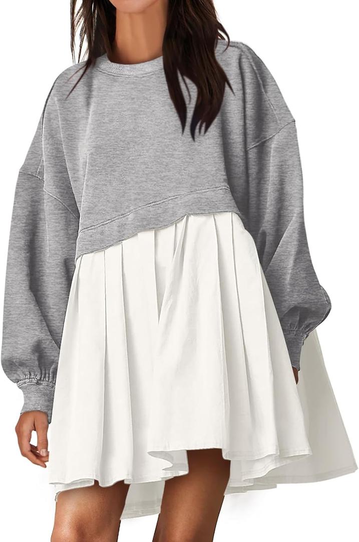 ANRABESS Women Sweatshirts Dress Oversized Long Sleeve Patchwork Casual Loose Pleated Pullover Mini Dress Fall Outfits 2025 (S)