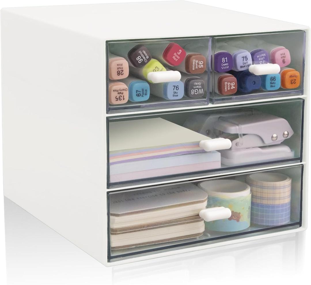 Desk Organizer with Drawer, Office Organizer with 4 Drawers, Desk Storage Box for, Desktop, Dressing table, Office, School, Home, Plastic Box and 4 Acrylic Drawers(White)