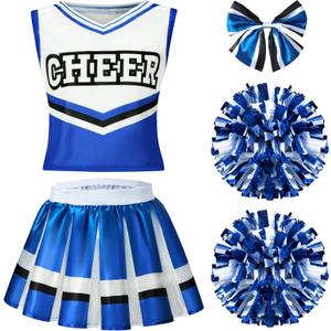 Spooktacular Creations Halloween Girl Cheerleader Costume, Cheer Uniform Set, Cheerleading Outfit for Halloween DressUp Party (Small(5-7 yrs), Blue)