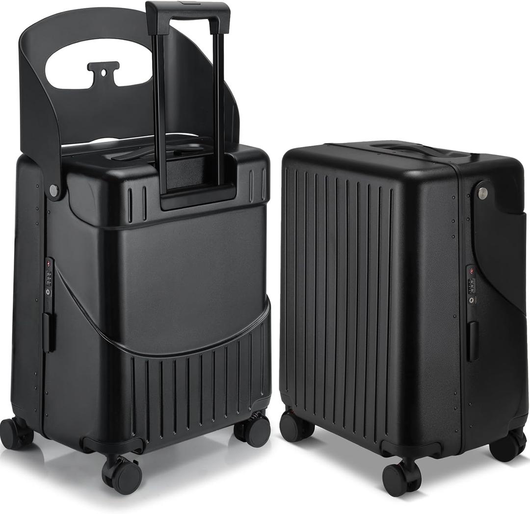 20 Inch Ride on Luggage with Seat for Kids Expandable Ride on Suitcase with Spinner Wheels and Locks for Travel (Black)