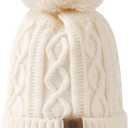 Avisky Womens Winter Knitted Beanie Hat with Faux Fur Winter Hats for Women Fur Pom Warm Knit Skull Cap Thick Beanie Hat (Diamond Pattern, Off-white)