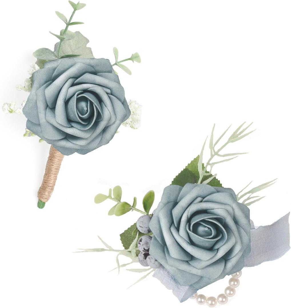 Dusty Blue Corsage and Boutonniere Set, Rose Boutonniere for Men Wedding, Prom Artificial Flower Wrist Corsage Bracelets, Homecoming Corsage Wristlet, Flowers Accessories Prom Suit Decorations
