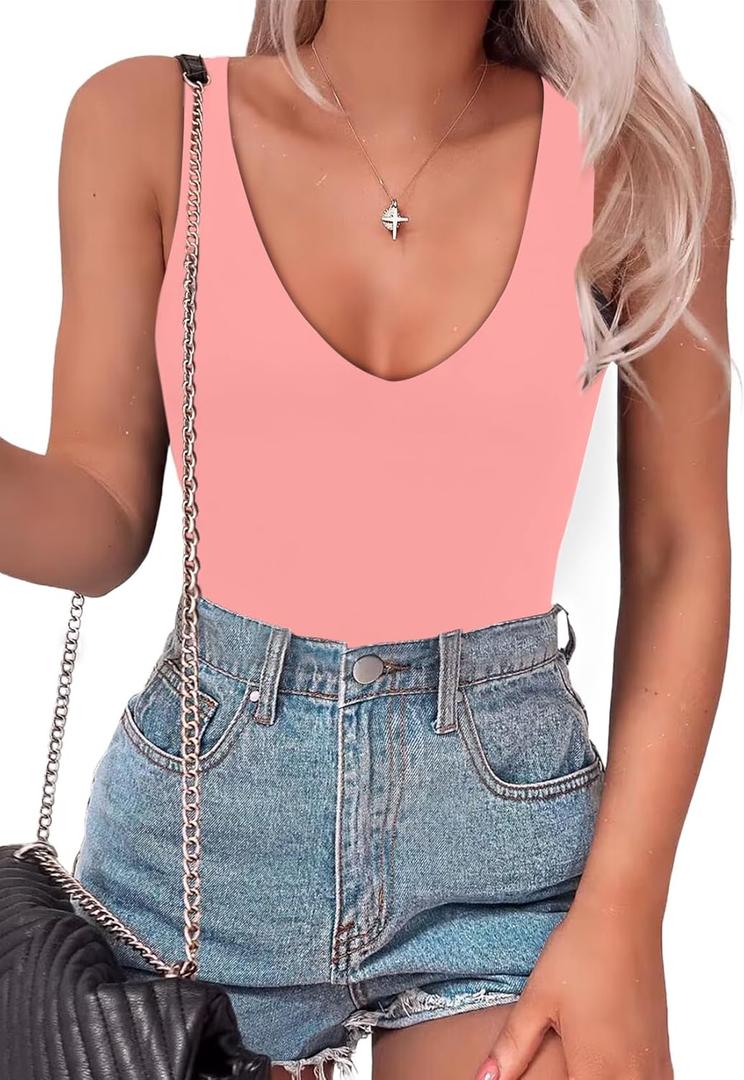SAUNGKUAI Womens Bodysuit Sexy Plunge Deep V Neck Backless Sleeveless Tank Thong Body Suits Outfits for Going Out (Small, Coralpink)