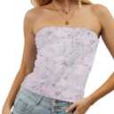 TERIVEEK Women Strapless Reversible Foldover Tube Top Y2K Floral Print Graphic Crop Bandeau Tops Sleeveless Slim Fit Shirt (Pink, L)
