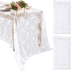 Honeydak 2 Pcs Lace Tablecloth Rectangular 60 x 120 Inch Wedding Rustic Tablecloth Overlay Rose Vintage Embroidered Wedding Reception Party Table Cover Decorations for Bridal Tea Party