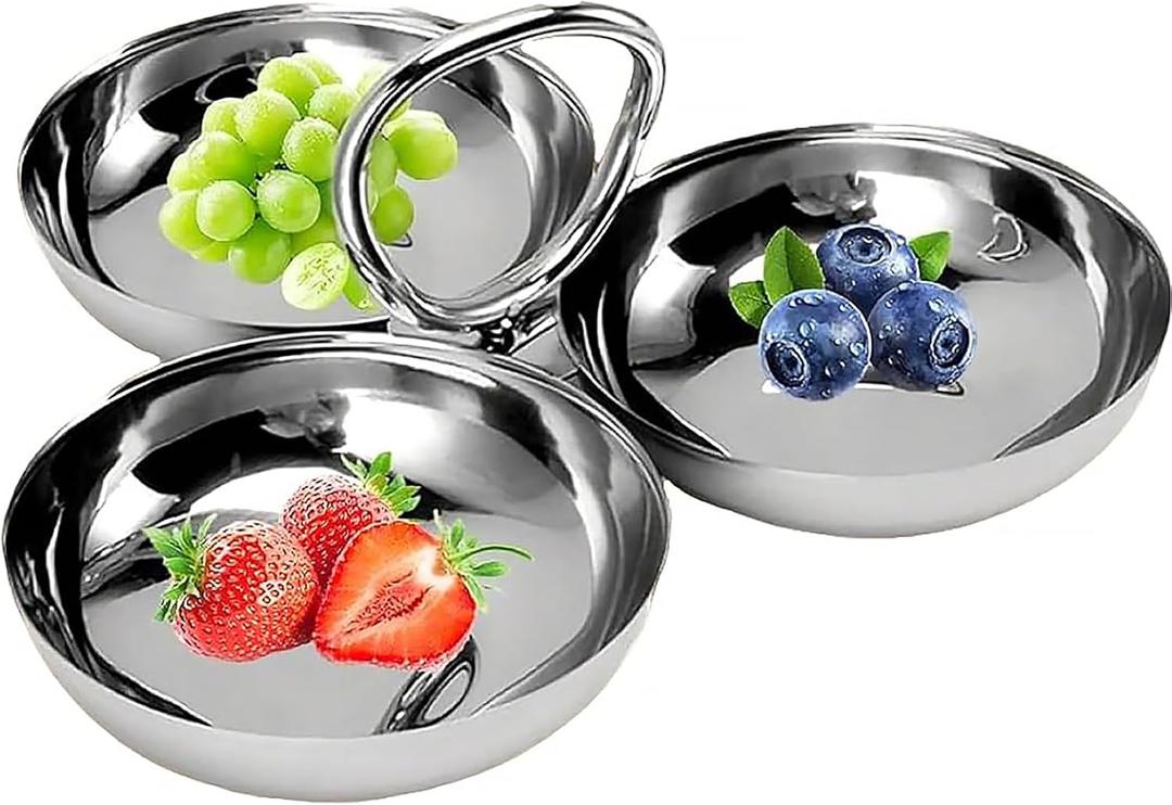 ACJRYO 3-Compartment Stainless Steel Serving Tray with Handle - 304 Food-Grade Snack Plate, Fruit Bowl for Fridge, Party Appetizer Platter, Dishwasher Safe, Portable & Easy to Clean(O Handle)