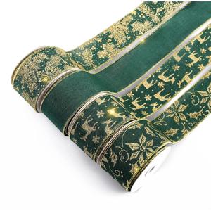 UNIQOOO 40 Yards 4 Rolls Seamless Green Christmas Wired Ribbon Set, 2.5 inch x 10yd. Satin Burlap Wired Edge Ribbon for Xmas Tree Dcor, Gift Wrap Box, Bows, Wreath, Garland, Floral DIY Craft, Wedding (Assorted Green Gold Glitter)