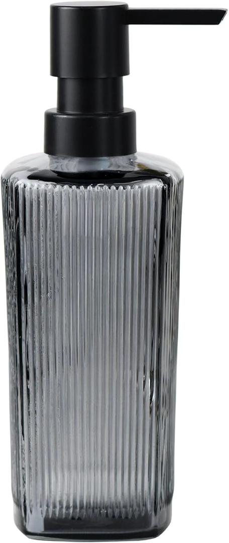 12 oz Glass Soap Dispenser with Vertical Stripe with Black Plastic Rustproof Pump, Small Refillable Soap Dispenser for Kitchen and Bathroom (Grey) (Gray)