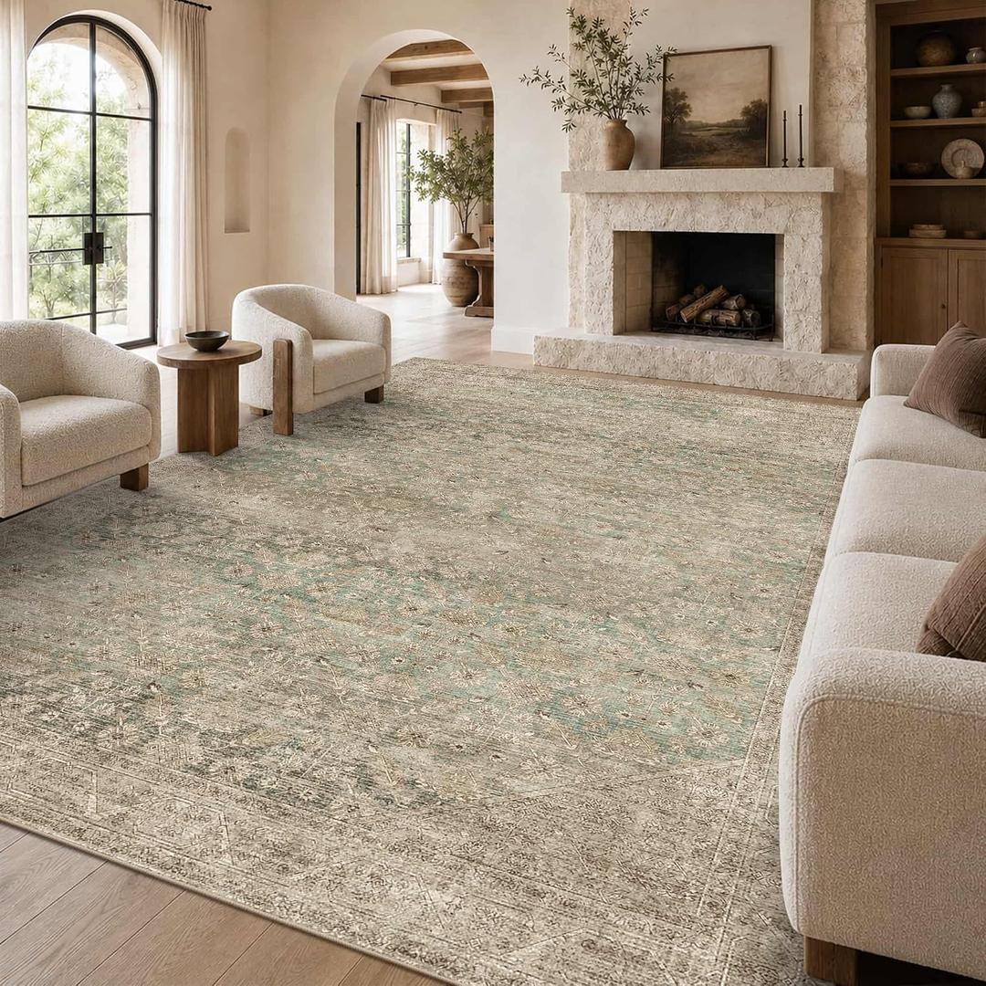 9x12 Washable Boho Area Rug, Beige Green Farmhouse for Living Room