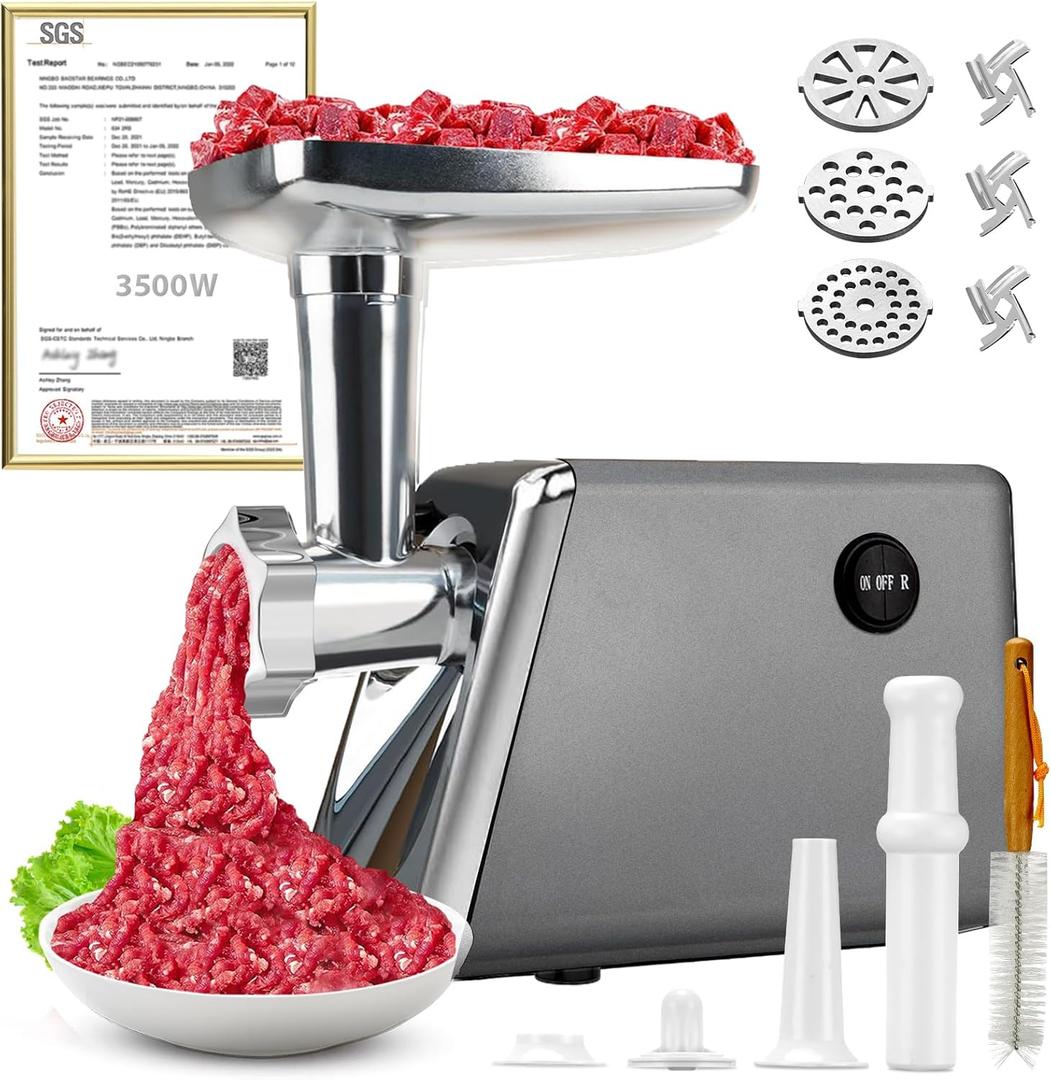 5.0 Upgrader Electric Meat Grinde 【NO.1 Germany 3500W Super Motor】【SGS Certified SUS304 Blade & Plate】3-Second Fast Meat Grinding, Perfect For Meat Grinders For Home Use-N (Gray)