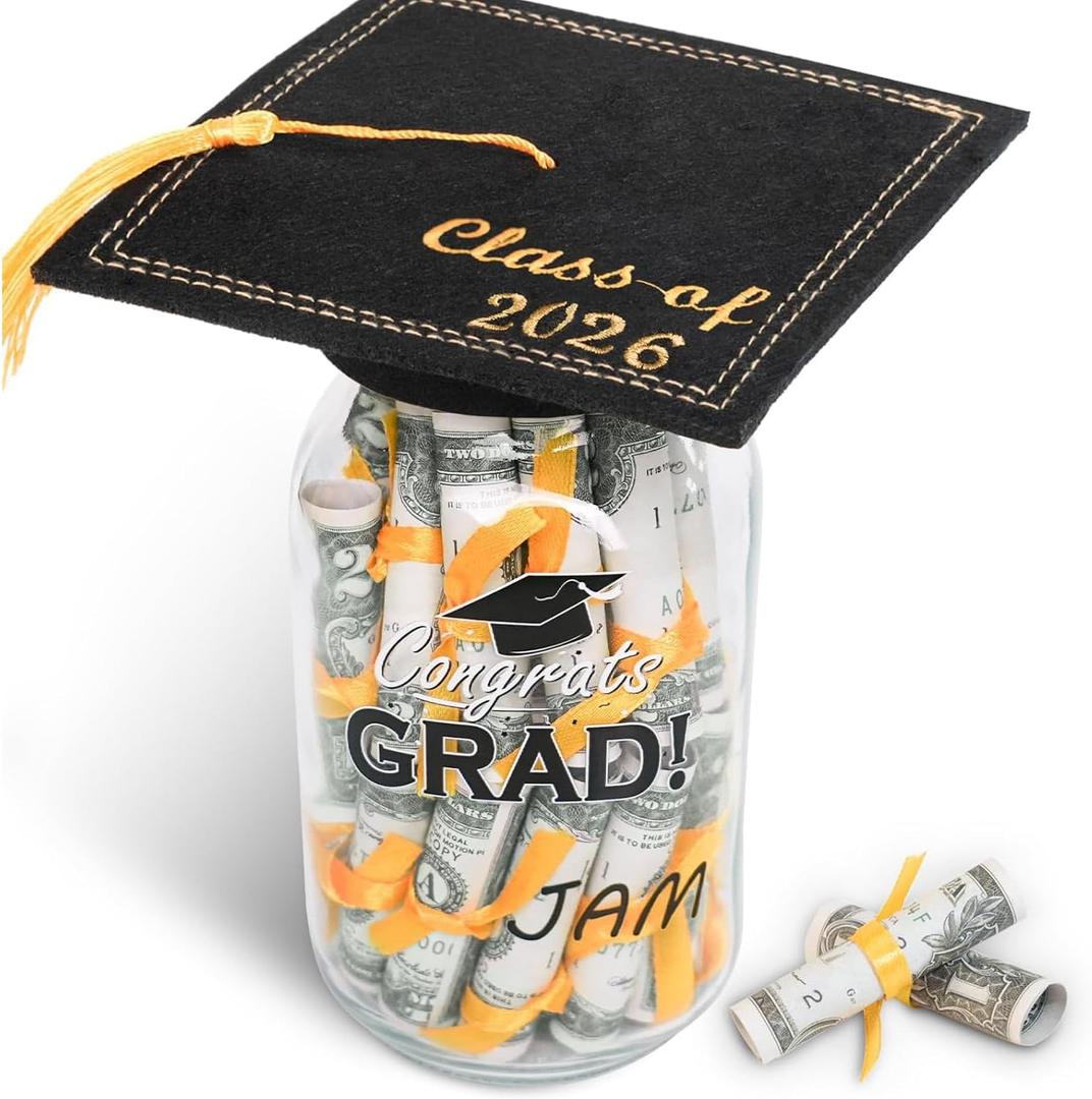Graduation Gifts 2026 - Personalized Name Graduation Mason Jar - Filled with Money & Class of 2026 Cap Kit - Centerpieces Congrats Decorations Party Supplies for Him Her Women Men College High School