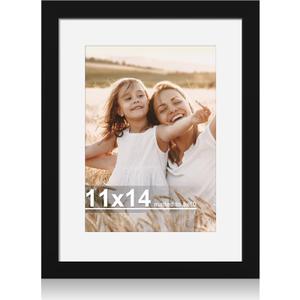 Hongkee 11x14 Picture Frame with Real Glass - 8x10 Wooden Frame with Mat, Horizontal and Vertical Display for Wall or Tabletop (Black, 1 Pack)