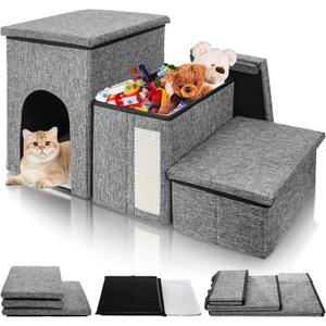 Dog Stairs for Small Dogs, 3 Tiers Dog Step with Storage, Foldable Older Cat Ramp with Condo Cat Scratcher, Portable Pet Ladder for High Bed Couch Chair Car, Up to 165 Lbs, 17 Inch