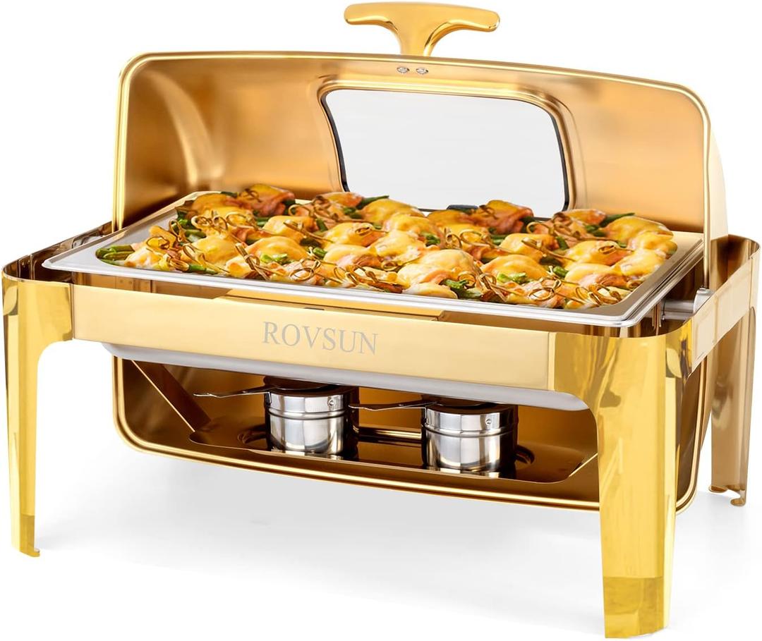 ROVSUN 9QT Chafing Dishes for Buffet, Roll Top Chafing Dish Buffet Set, Stainless Steel Buffet Warmer Chafers and Buffet Warmers Sets with Glass Window for Catering Events Parties Weddings, Gold