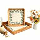 1 pcs Rectangle Rattan Serving Tray with Mother of Pearl Inlay, Decorative Wicker Tray for Coffee, Bread, Fruits, Elegant Table Decor for Living Room & Dining Room 10.6"L x 10.6"W