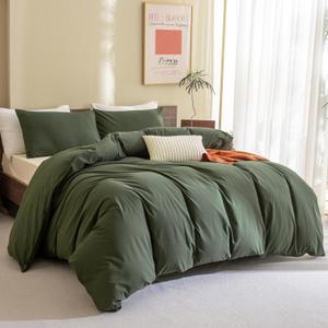 CozyTide Queen Size Comforter Set Olive Green,Cotton Soft Solid Dark Green Bedding Set & Collections,3 Pieces Lightweight Bedding Set for All Seasons (90x90In Comforter and 2 Pillowcases)