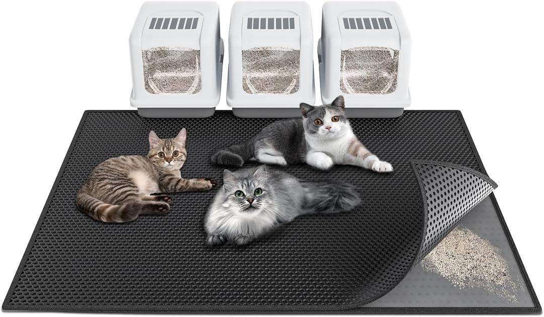 Cat Litter Box Mat: 47"x 36" Waterproof Kitty Cat Litter Trapping Mat, Easy-clean Double-layer Scatter Control Pad Rug (Black)