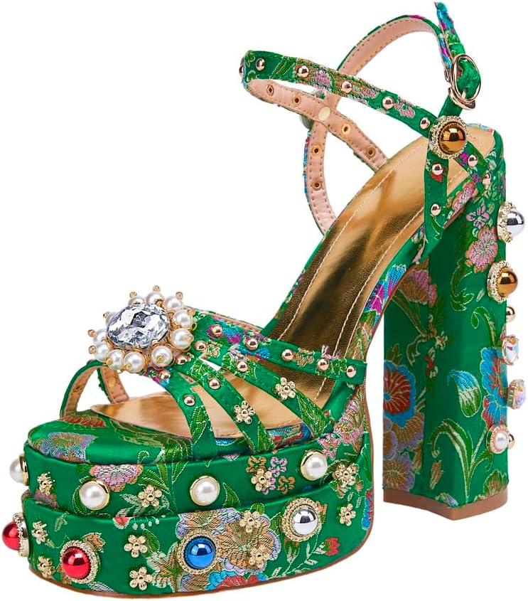 Feinlina Women Rhinestone High Chunky Platform Open Toe Block Heels Gems Detail Fashion Green Pink Floral Print Embroidery Ankle Strap Dress Wedding Party Pump Sandals (10)