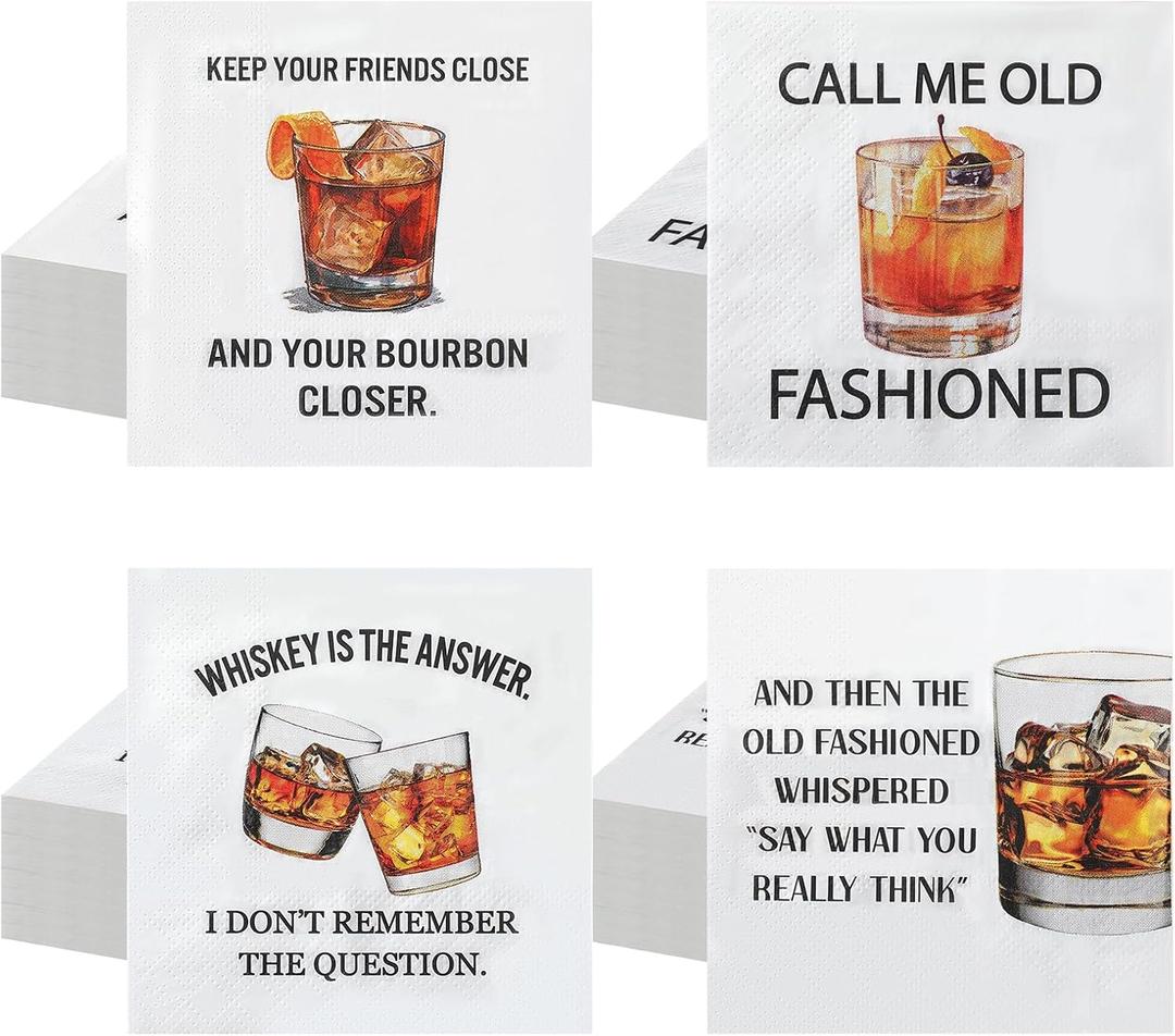 Gueevin 100 Pack Funny Whiskey Cocktail Napkins 5 x 5 Inch Cocktail Paper Napkins with Drinking Quotes for Bar, Themed Party, Tasting Club, Whiskey Birthday Decoration Gifts for Men Adult Drinkers