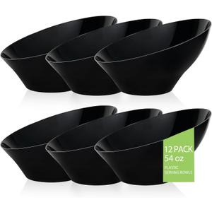 BESTVIP 54oz Black Plastic Serving Bowls for Party - 12 Pack Angled Disposable Serving Bowls, Party Bowls for Chips, Snacks, Fruit, Salad - Catering Bowls for Daily Use, Parties, Halloween, Christmas