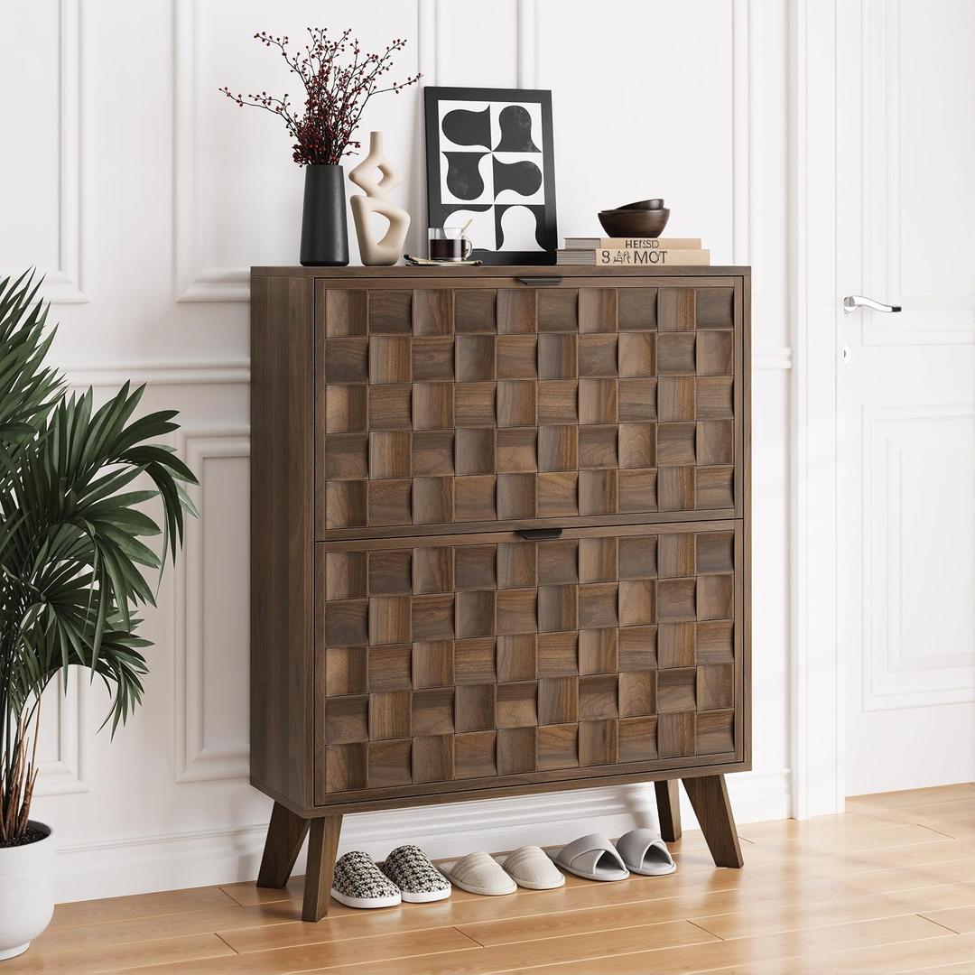 Smuxee Walnut Shoe Cabinet with 2 Flip Drawers, 29.6" Hidden Shoe Storage Cabinet with Embossed Checkerboard Doors, Freestanding Shoe Organizer Cabinet for Entryway, Hallway, Living Room