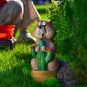 Solar Groundhog Garden Statue with LED Lights - Resin Cactus Planter Ornament for Outdoor Decor, Lawn, Patio, Yard, and Balcony, Unique Garden Gift for Women, Mom, and Grandma (Green)
