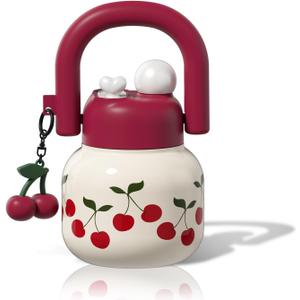 22 oz Tote Water Bottle with Straw and Carry Handle, Wide Mouth Vacuum Insulated Medical Grade Stainless Steel Tumbler, Travel Coffee Cup for Women Easy Carry, Cherry (White)