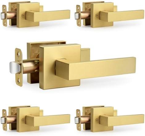 LOQRON Square Passage Gold Door Handles (No Lock and Key), Non-Locking Heavy-Duty Gold Door Handle for Bathroom and Interior Closet, Satin Brass, 5 Pack
