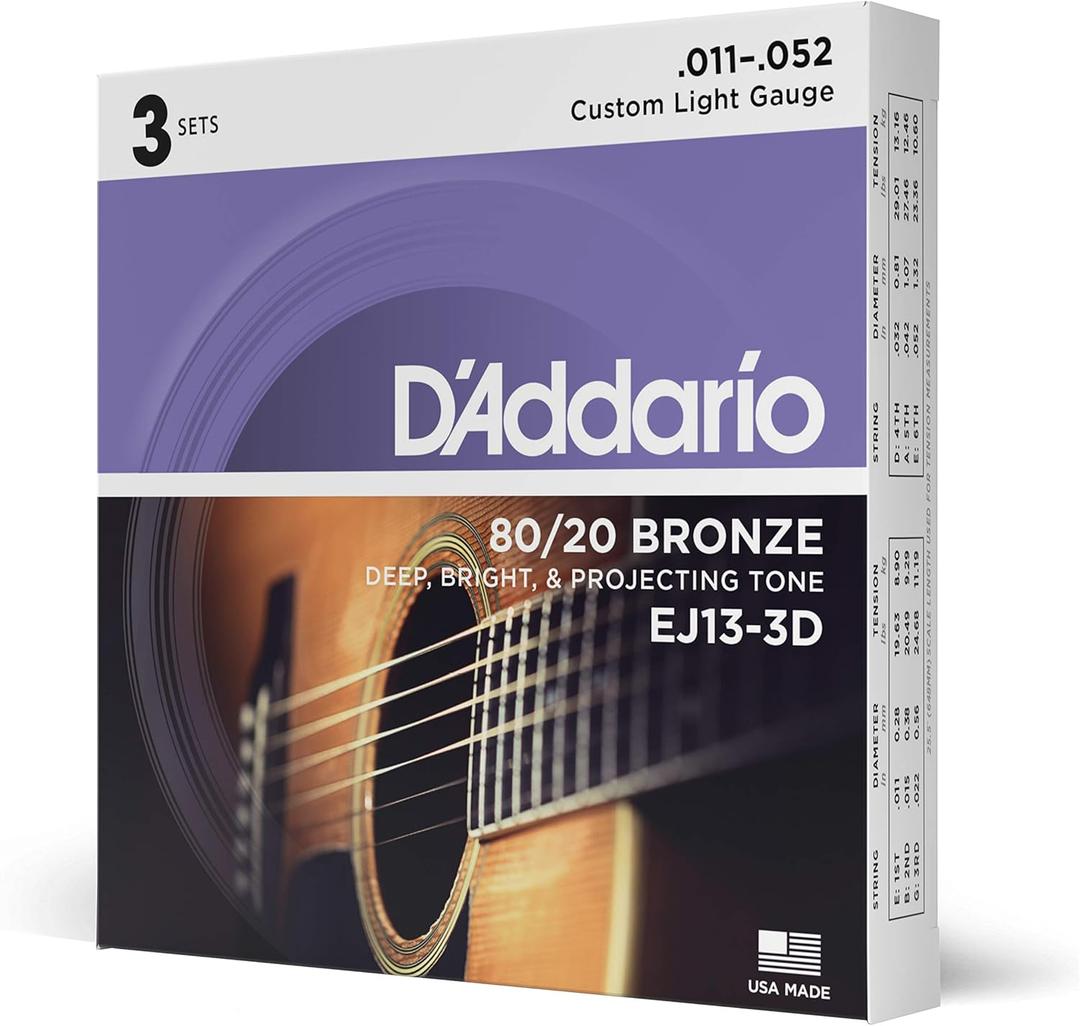 D'Addario Acoustic Guitar Strings, 80/20 Bronze, EJ13-3D, Custom Light Gauge 11-52, 6-String Set, Pack of 3