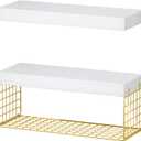 QEEIG Bathroom Shelves Over Toilet - Wall Mounted Floating Shelves Toilet Paper Storage Small Modern Decor Shelf 16 inch Set of 2, White and Gold (019-WG2)