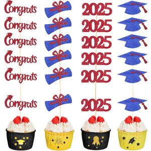 Chinco 100 Pack 2025 Graduation Cupcake Toppers Grad Cap Food Appetizer Picks Cake Graduation Party Decorations Diploma Cupcake Picks for Cake Class of 2025 Graduation Party(Red and Blue)