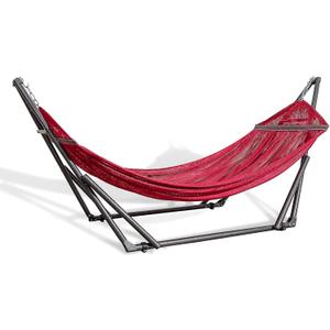 Best Home Fashion Hammock with Collapsible Steel Stand 450 lbs Capacity & Carrying Case, Portable & Adjustable, Perfect for Camping Beach Summer Patio, EZ Daze Foldable Hammock with Stand- RED