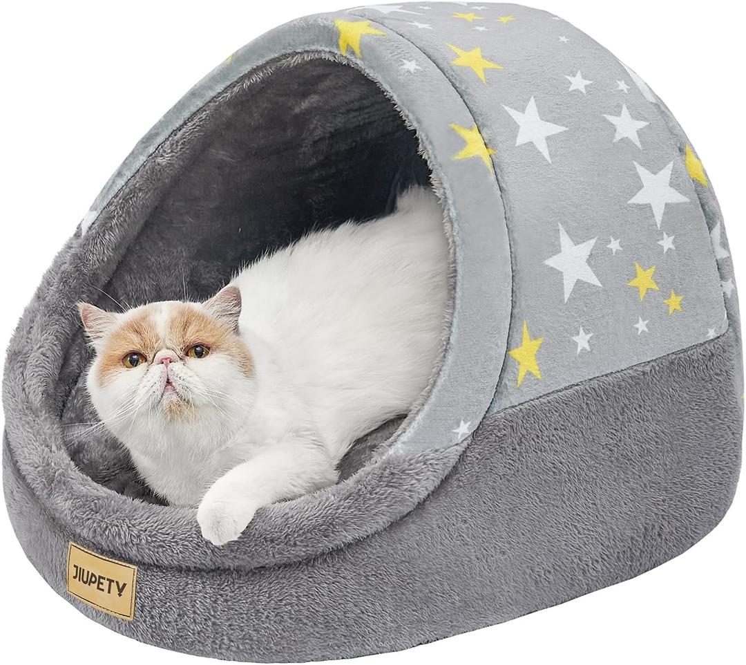 Jiupety Cute Cat Beds for Indoor Cats, Cat Cave Bed for Kittens, Burrowing Cat Bed & Puppy Bed with Anti-Slip Bottom, Washable Removable Cushion, L(19"x17"x16"), Gray Star