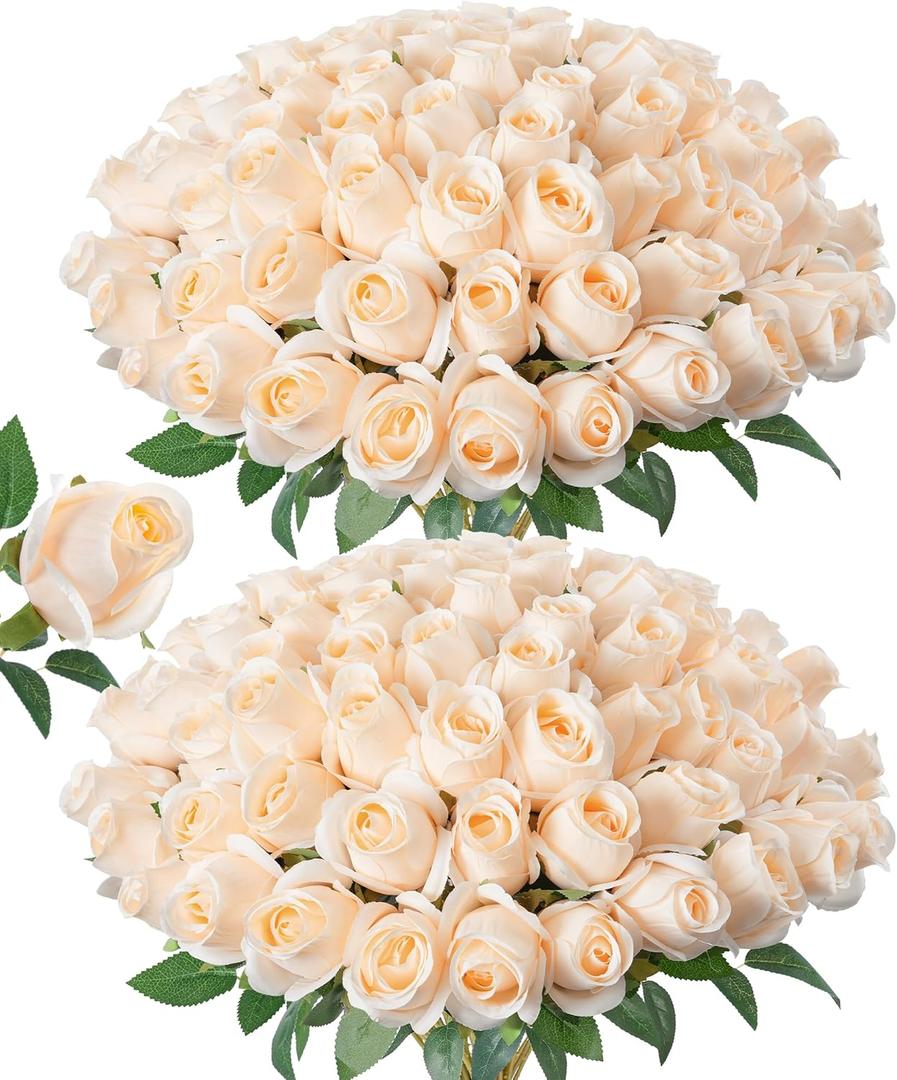 DREAMLOOM 50pcs Roses Artificial Flowers, Fake Roses Realistic with Long Stems Real Touch Silk Flowers Bouquet for Valentine's Day Wedding Anniversary DIY Floral Arrangement Gifts, Champagne