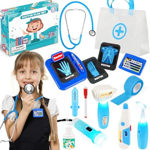 IVENRXIU Kids Doctors Play Set, 15 Pcs Doctor Kit for Toddlers 3-5, Doctor Set with Real Stethoscope, Pretend Play Toys for Kids Boys and Girls, Halloween Christmas Birthday Gifts