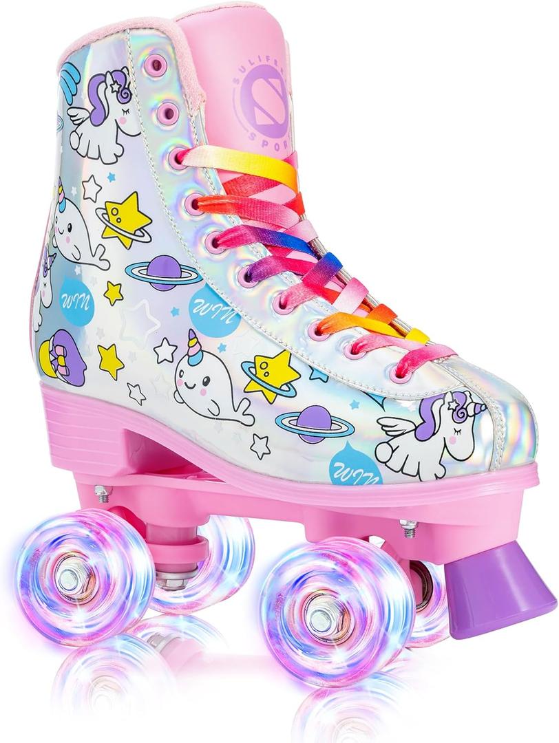 SULIFEEL Rainbow Unicorn Roller Skates for Girls Light up Wheels Kids Quad Skates with High Top Reflective TPU Leather Rainbow Unicorn (2)